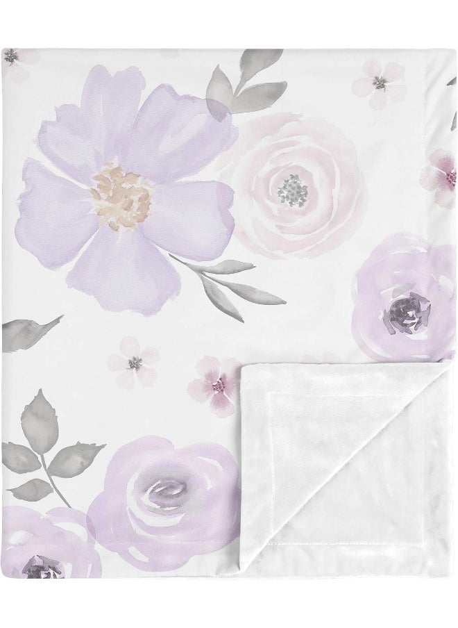 Sweet Jojo Designs Shabby Chic Rose Flower Watercolor Floral Baby Girl Receiving Security Swaddle Blanket for Newborn or Toddler Nursery Car Seat Stroller Soft Minky - Lavender Purple, Pink and Grey