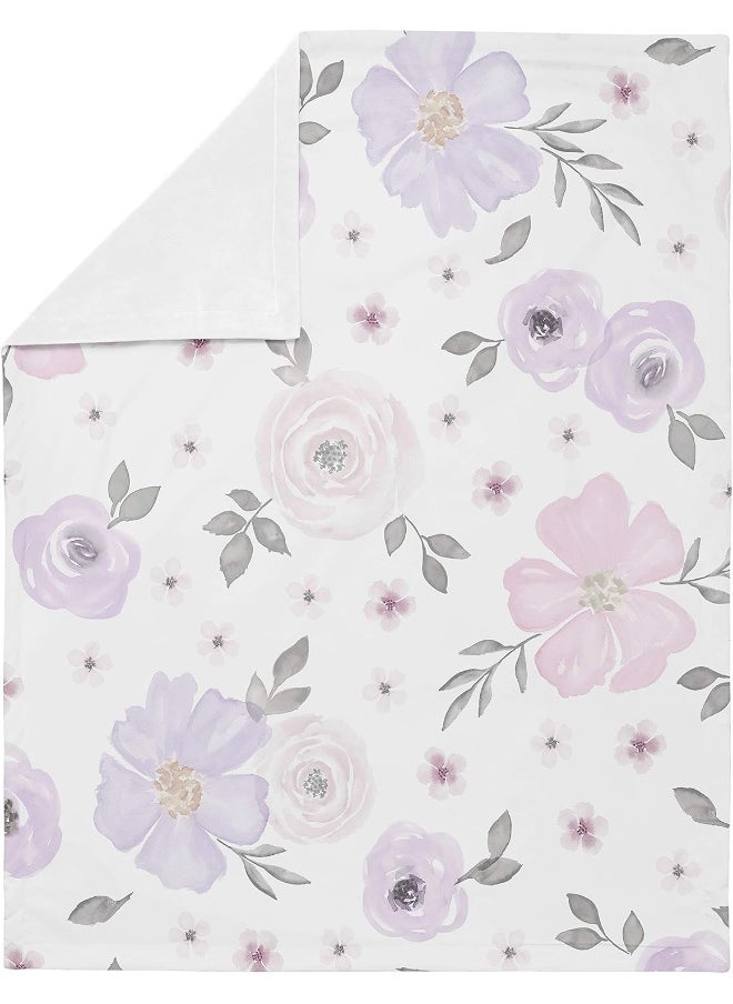 Sweet Jojo Designs Shabby Chic Rose Flower Watercolor Floral Baby Girl Receiving Security Swaddle Blanket for Newborn or Toddler Nursery Car Seat Stroller Soft Minky - Lavender Purple, Pink and Grey