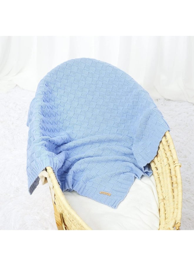 LAWKUL Baby Blanket Blue Cable Babe Blanket Checkered Knit Newborn Infants Soft Airy Receiving Swaddle Neutral Unisex 40