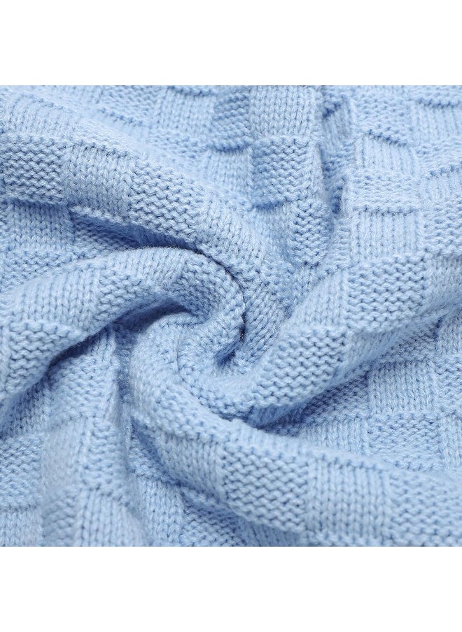 LAWKUL Baby Blanket Blue Cable Babe Blanket Checkered Knit Newborn Infants Soft Airy Receiving Swaddle Neutral Unisex 40