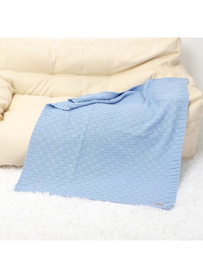 LAWKUL Baby Blanket Blue Cable Babe Blanket Checkered Knit Newborn Infants Soft Airy Receiving Swaddle Neutral Unisex 40