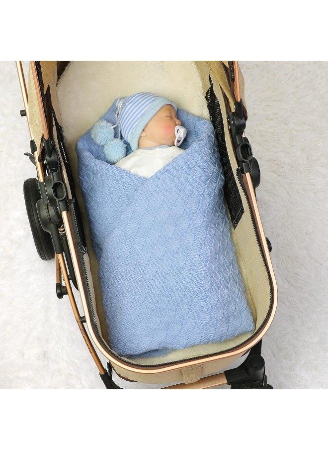 LAWKUL Baby Blanket Blue Cable Babe Blanket Checkered Knit Newborn Infants Soft Airy Receiving Swaddle Neutral Unisex 40