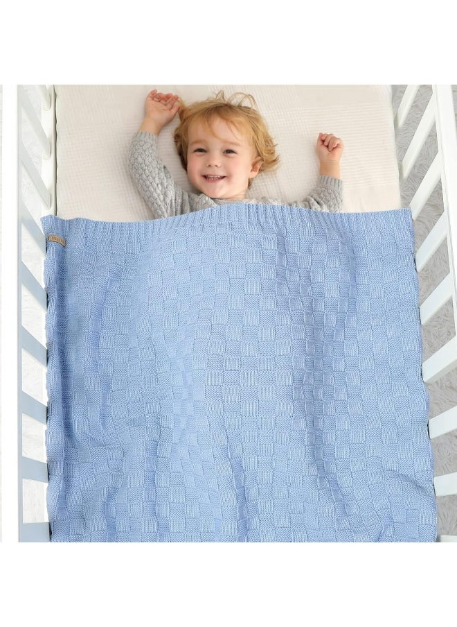LAWKUL Baby Blanket Blue Cable Babe Blanket Checkered Knit Newborn Infants Soft Airy Receiving Swaddle Neutral Unisex 40
