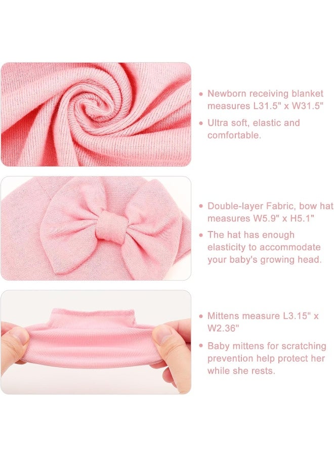DRESHOW BQUBO Newborn Receiving Blanket Bow Hat Gloves Set Cotton Warm Baby Swaddle Blanket Wrap Baby Sleep Sack Shower Gift