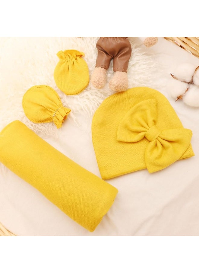 DRESHOW BQUBO Newborn Receiving Blanket Bow Hat Gloves Set Cotton Warm Baby Swaddle Blanket Wrap Baby Sleep Sack Shower Gift