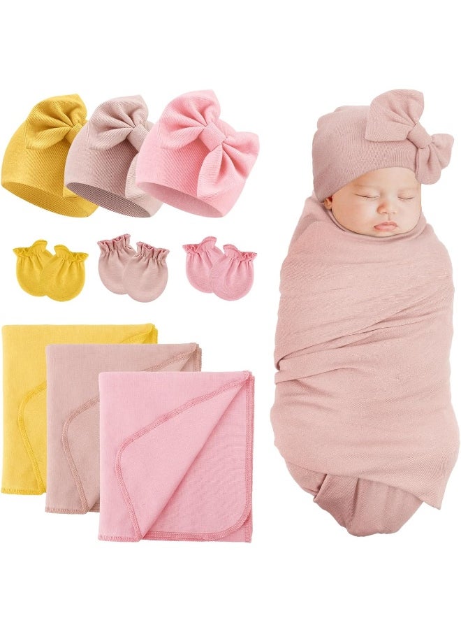 DRESHOW BQUBO Newborn Receiving Blanket Bow Hat Gloves Set Cotton Warm Baby Swaddle Blanket Wrap Baby Sleep Sack Shower Gift