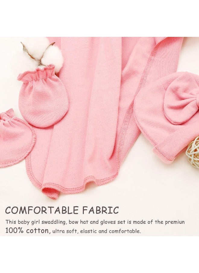 DRESHOW BQUBO Newborn Receiving Blanket Bow Hat Gloves Set Cotton Warm Baby Swaddle Blanket Wrap Baby Sleep Sack Shower Gift