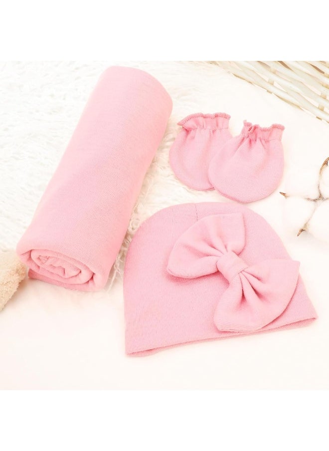DRESHOW BQUBO Newborn Receiving Blanket Bow Hat Gloves Set Cotton Warm Baby Swaddle Blanket Wrap Baby Sleep Sack Shower Gift