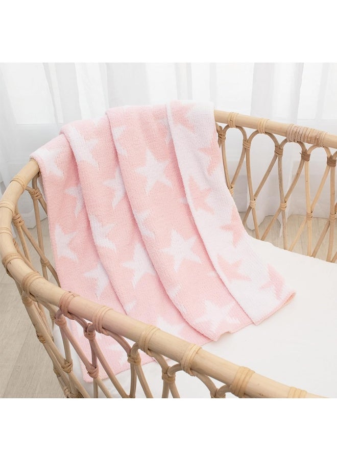 Living Textiles Pink Star Chenille Soft Baby Blanket Reversible Premium Cozy Fabric for Best Comfort