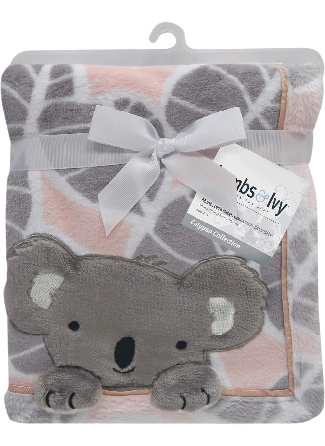 Lambs & Ivy Calypso Pink/Gray Koala Leaf Print Luxury Coral Fleece Baby Blanket