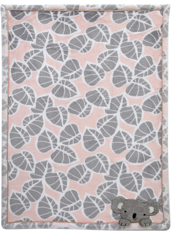Lambs & Ivy Calypso Pink/Gray Koala Leaf Print Luxury Coral Fleece Baby Blanket