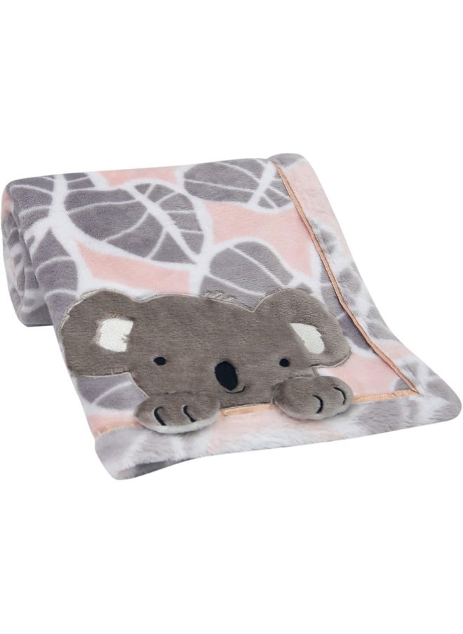 Lambs & Ivy Calypso Pink/Gray Koala Leaf Print Luxury Coral Fleece Baby Blanket