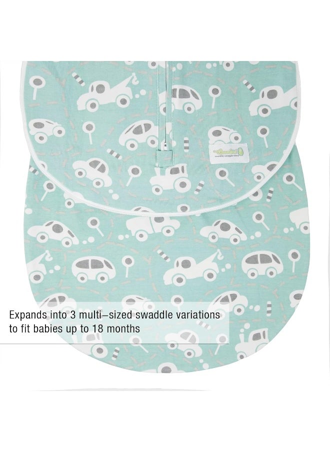 Woombie Grow with Me Baby Swaddle, Convertible Swaddle Fits 0-9 Months, Expands to Wearable Blanket for up to 18 Months, Buzzy Cars