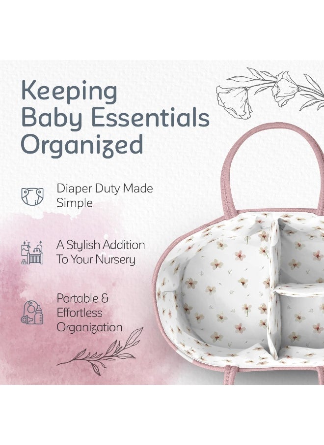KiddyCare Diaper Caddy Organizer for Baby Nursery Basket with Handle Lid Nursing Caddy with Changing Table Organizer Cart Newborn Caddy Rosy (Floral Print) X-Large