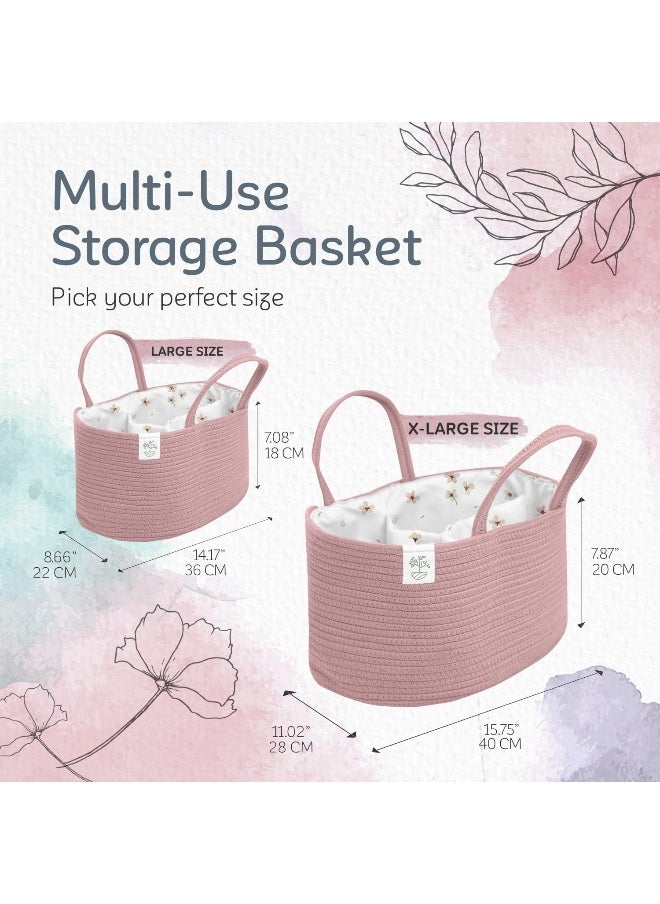 KiddyCare Diaper Caddy Organizer for Baby Nursery Basket with Handle Lid Nursing Caddy with Changing Table Organizer Cart Newborn Caddy Rosy (Floral Print) X-Large