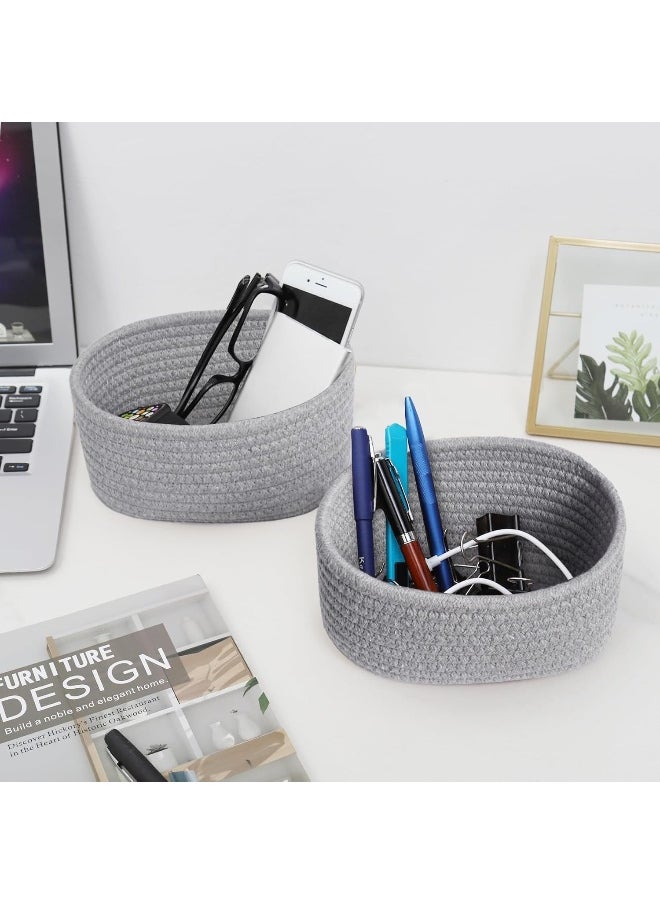 ABenkle 2 Pack ABenkle Small Woven Baskets, Tiny Oval Shallow Storage Mini Cotton Rope Empty Decorative Basket, Boho Montessori Little Organizer Bins for Toy Gifts-Grey