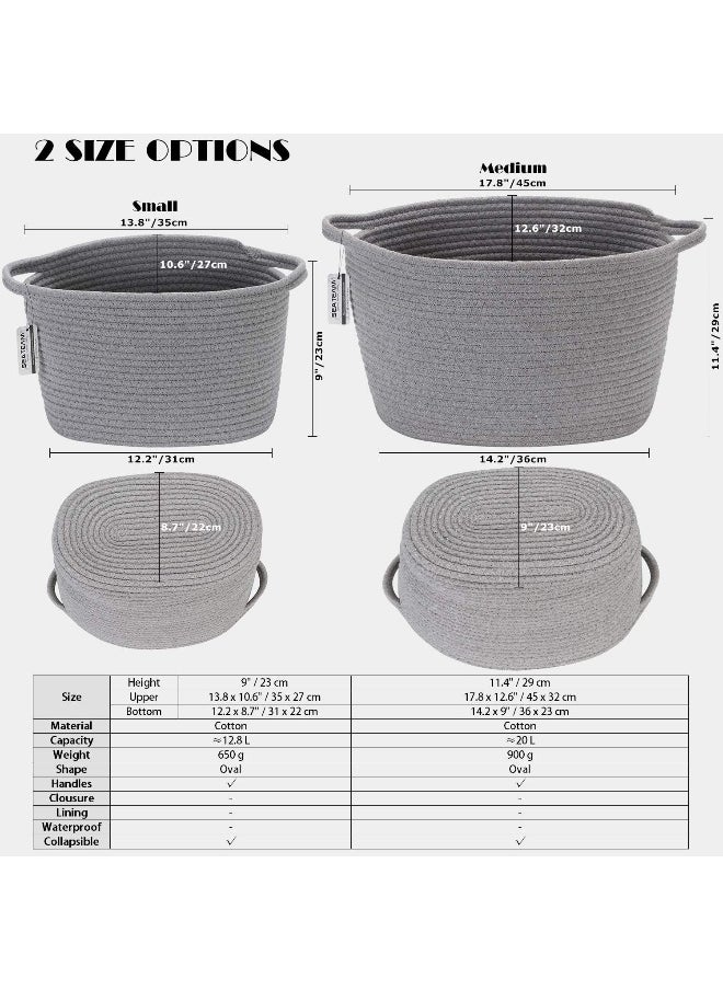 Sea Team Oval Cotton Rope Woven Storage Basket with Handles, Diaper Caddy, Nursery Nappies Organizer, Baby Shower Basket for Kid's Room, 12.2 x 8.7 x 9 Inches (Small Size, Mottled Grey)