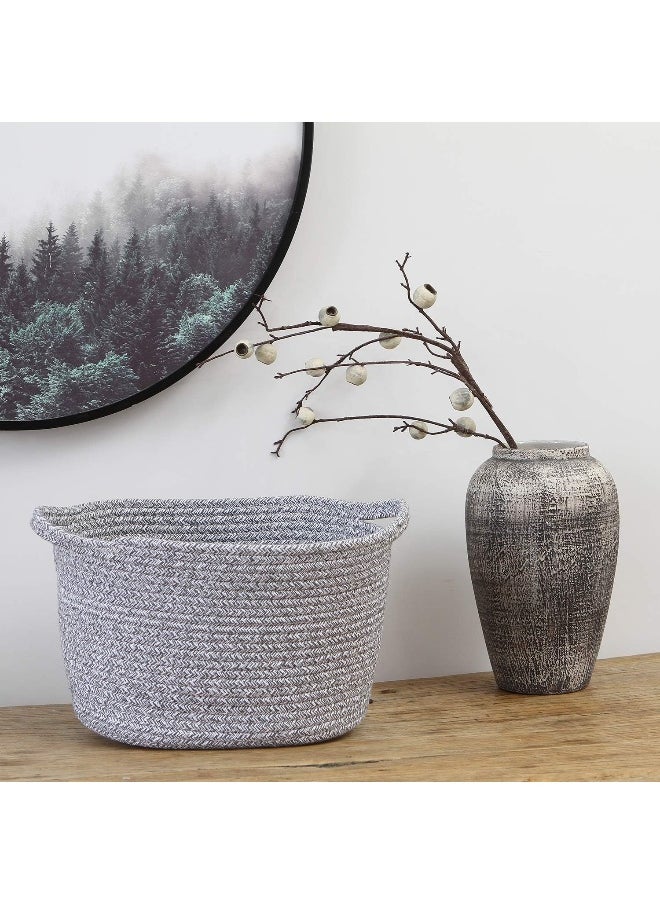 Sea Team Oval Cotton Rope Woven Storage Basket with Handles, Diaper Caddy, Nursery Nappies Organizer, Baby Shower Basket for Kid's Room, 12.2 x 8.7 x 9 Inches (Small Size, Mottled Grey)