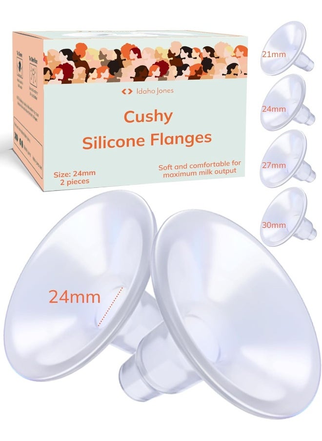 Larger Cushy Silicone Flanges, Breast Shields - Replacement Pump Parts - for Spectra, Lansinoh, Medela Pumps - Great for Elastic Nipples - Double (2 Pack) - 24mm