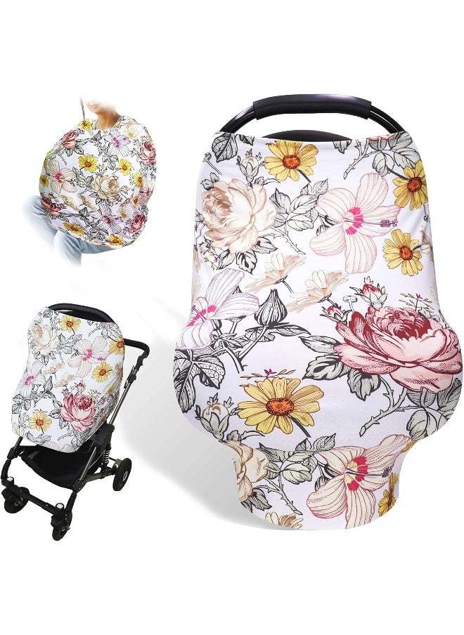 Floral Baby Car Seat Cover Girls, Infant Carseat Canopy, Stretchy Multi-use Nursing Cover for Stroller/High Chair/Shopping Cart/Car Seat Canopies