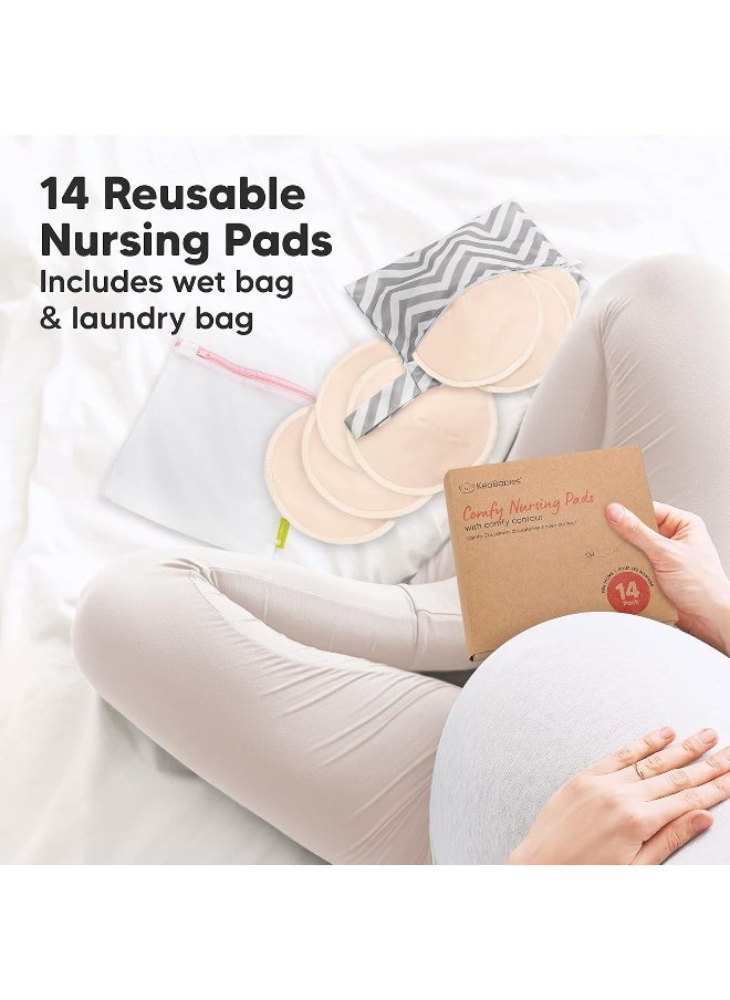 KeaBabies Organic Bamboo Nursing Pads - 14 Washable Nursing Pads + Laundry Bag - Reusable Nursing Pads for Maternity - Washable Nursing Pads (Bare Beige, L 12 cm)