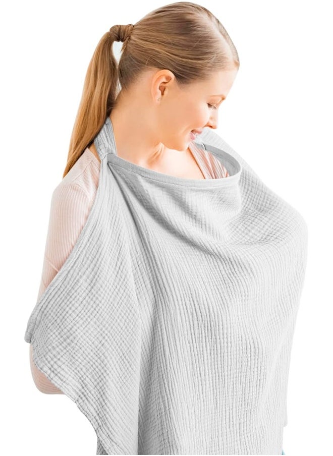 Konssy Muslin Nursing Cover for Baby Breastfeeding, Breathable 100% Cotton Breastfeeding Cover with Rigid Hoop for Mother Nursing Apron, Multi-use Carseat Canopy (Grey)