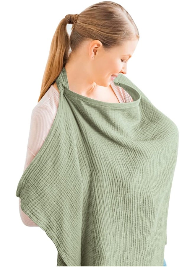 Konssy Muslin Nursing Cover for Baby Breastfeeding Breathable 100% Cotton Breastfeeding Cover with Rigid Hoop for Mother Nursing Apron Multi-use Carseat Canopy (Sage)