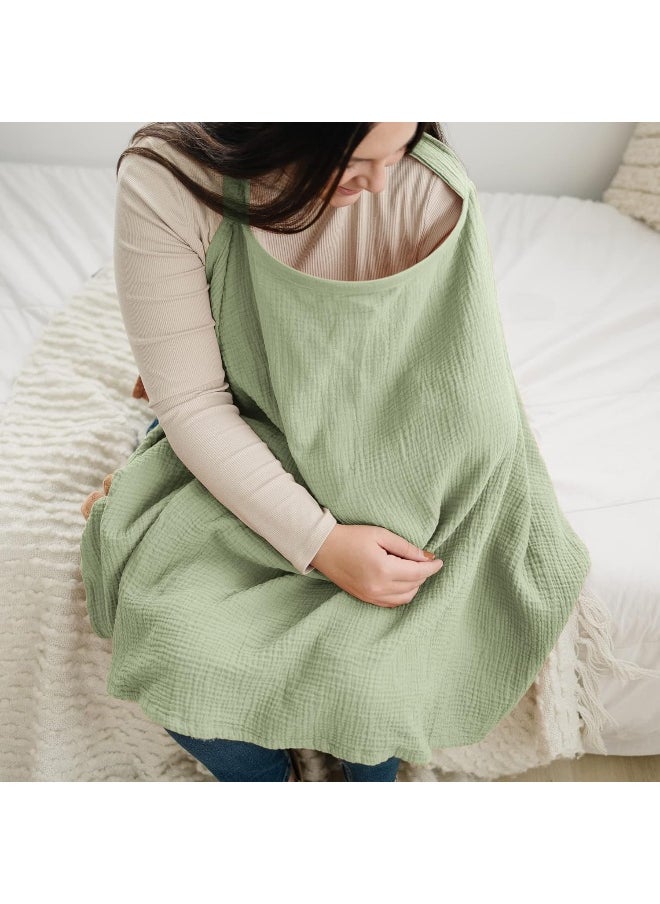 Konssy Muslin Nursing Cover for Baby Breastfeeding Breathable 100% Cotton Breastfeeding Cover with Rigid Hoop for Mother Nursing Apron Multi-use Carseat Canopy (Sage)