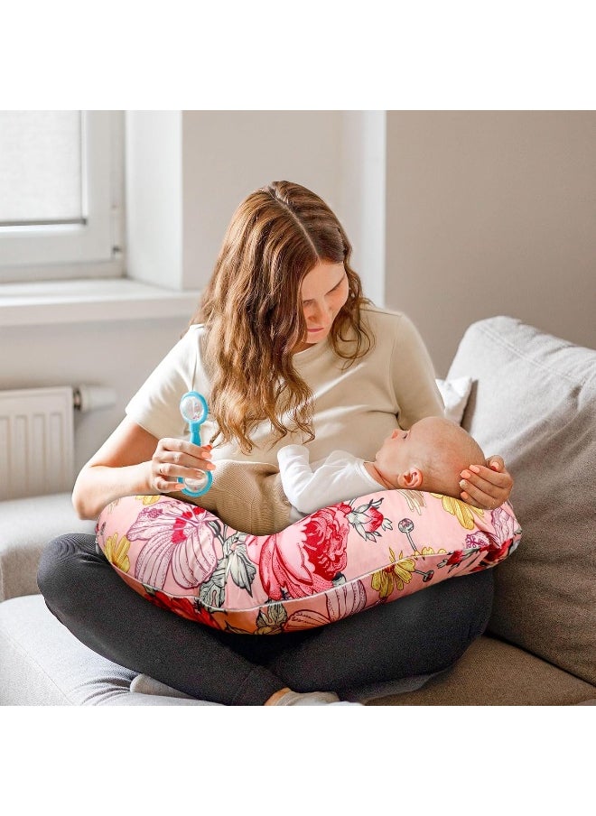 Pink Floral Nursing Pillow Cover, Stretchy Removable Nursing Covers for Newborn Breastfeeding Pillows, Breastfeeding Pillow Slipcover for Baby Girls and Boy