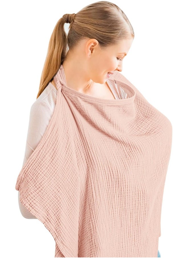 Konssy Muslin Nursing Cover for Baby Breastfeeding, Breathable 100% Cotton Breastfeeding Cover with Rigid Hoop for Mother Nursing Apron, Multi-use Carseat Canopy (Pink)
