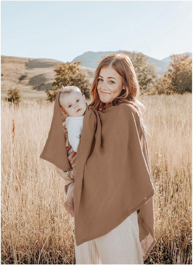 Konssy Muslin Nursing Cover for Breastfeeding, 360° Full Privacy Breathable 100% Cotton Breastfeeding Cover, Multi-use Carseat Canopy(Brown)