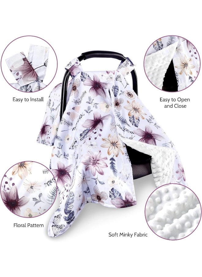 Baby Car Seat Cover, Peekaboo Opening Car Seat Canopy for Baby Girls Boys, Mom Nursing Breastfeeding Covers, Blanket for Infant, Purple Watercolor Flower