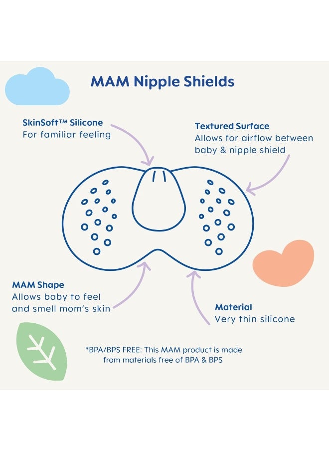 MAM Breastfeeding Shields with Sterilizing Storage Case, Shields for Nursing Newborn, Size 2 Regular 23mm, 2-Count, Clear