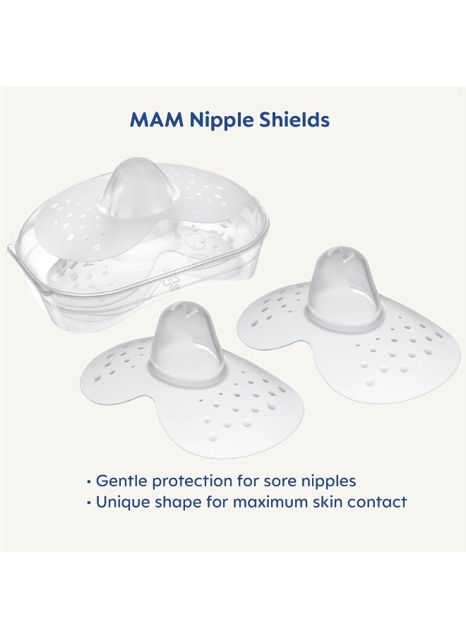 MAM Breastfeeding Shields with Sterilizing Storage Case, Shields for Nursing Newborn, Size 2 Regular 23mm, 2-Count, Clear