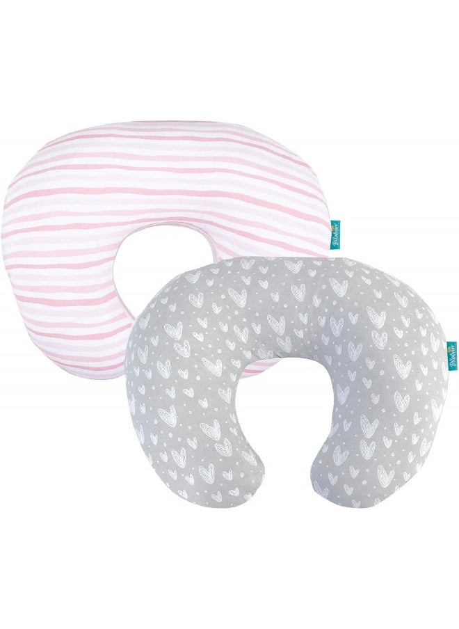 Biloban Nursing Pillow Cover 2 Pack Pink and Gray, Stretchy 100% Jersey Cotton Nursing Pillow Slipcovers for Moms Breastfeeding and Bottle Feeding Pillow, Large Zipper Ultra Soft Nursing Pillow Cover