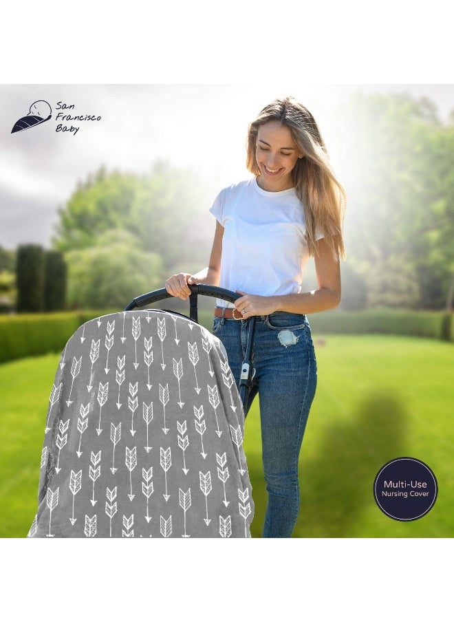 San Francisco Baby Cotton Nursing Cover - Large Breastfeeding Cover with Built-in Burp Cloth & Pocket - Soft, Breathable, Chemical-Free, 360° Coverage, Gray Nursing Cover for Breastfeeding