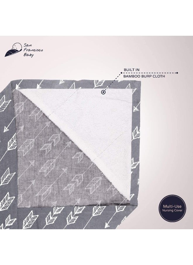 San Francisco Baby Cotton Nursing Cover - Large Breastfeeding Cover with Built-in Burp Cloth & Pocket - Soft, Breathable, Chemical-Free, 360° Coverage, Gray Nursing Cover for Breastfeeding