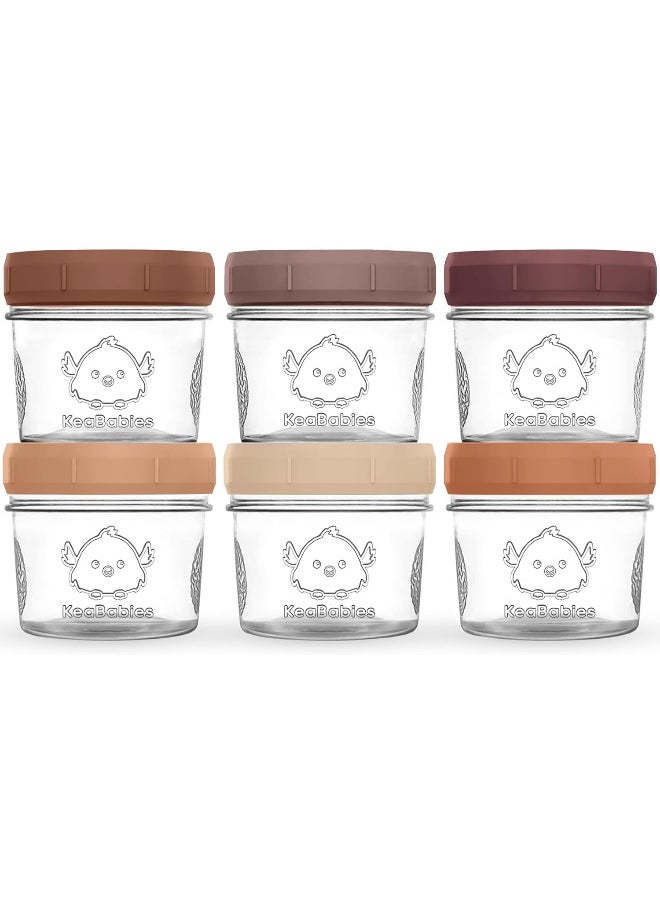 KeaBabies 6-Pack Glass Baby Food Containers - 4 oz Leak-Proof, Microwavable, Glass Baby Food Jars - Baby Food Storage Containers - Baby Bullet Jars with Lids, Freezer Safe (Terracotta)