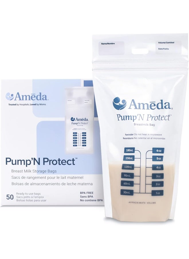 Ameda Pump'N Protect Breastmilk Storage Bag 6oz, 50pc, Baby Essentials, Breastfeeding Supplies, Resealable Breast Milk Storage Bags for Refrigerator or Freezer, BPA Free