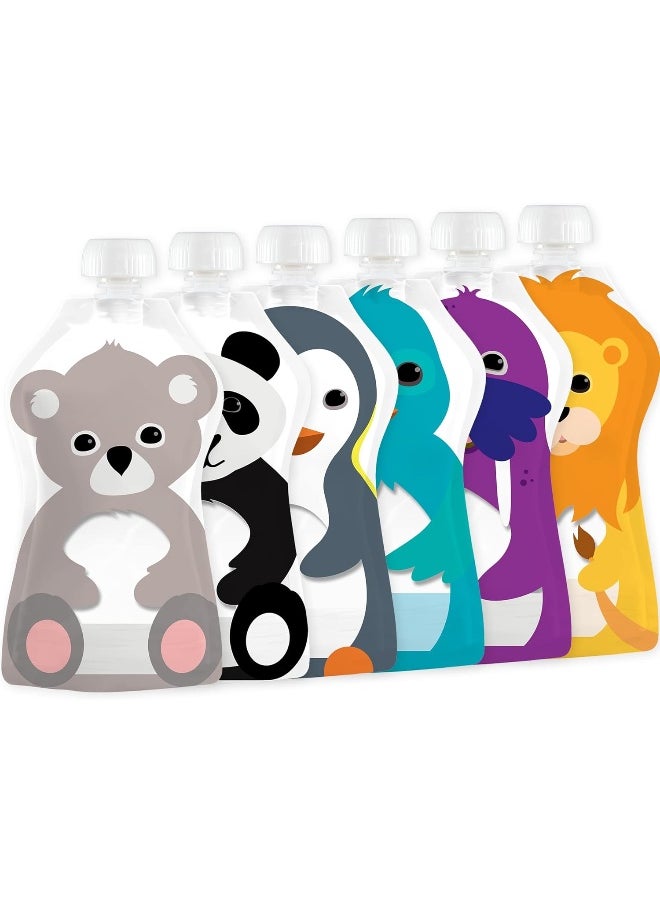 Squooshi Reusable Baby Food Pouches (6 Pack) Easy to Fill Freezer & Dishwasher Safe Squeezable Pouches with Cute Animal Designs for Babies and Kids, Small - 3.4 Oz Pouches