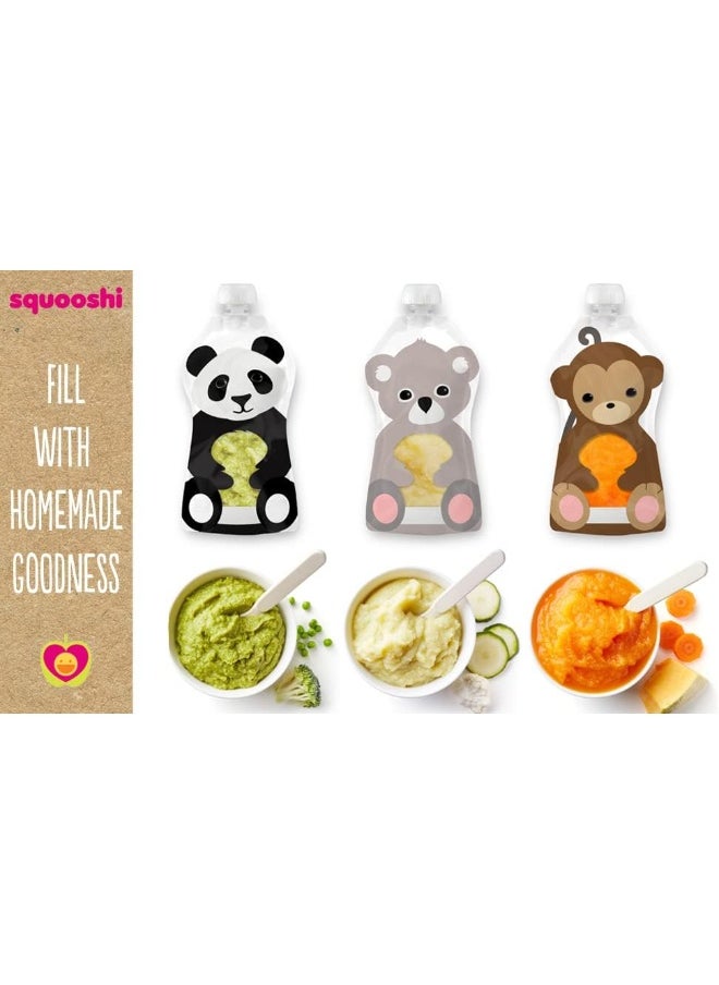 Squooshi Reusable Baby Food Pouches (6 Pack) Easy to Fill Freezer & Dishwasher Safe Squeezable Pouches with Cute Animal Designs for Babies and Kids, Small - 3.4 Oz Pouches