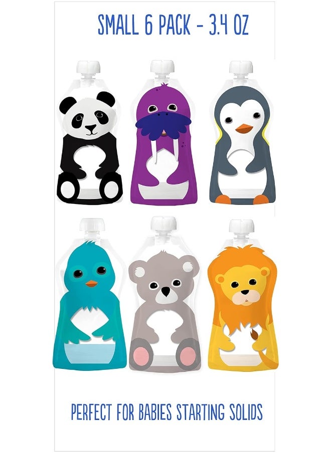 Squooshi Reusable Baby Food Pouches (6 Pack) Easy to Fill Freezer & Dishwasher Safe Squeezable Pouches with Cute Animal Designs for Babies and Kids, Small - 3.4 Oz Pouches