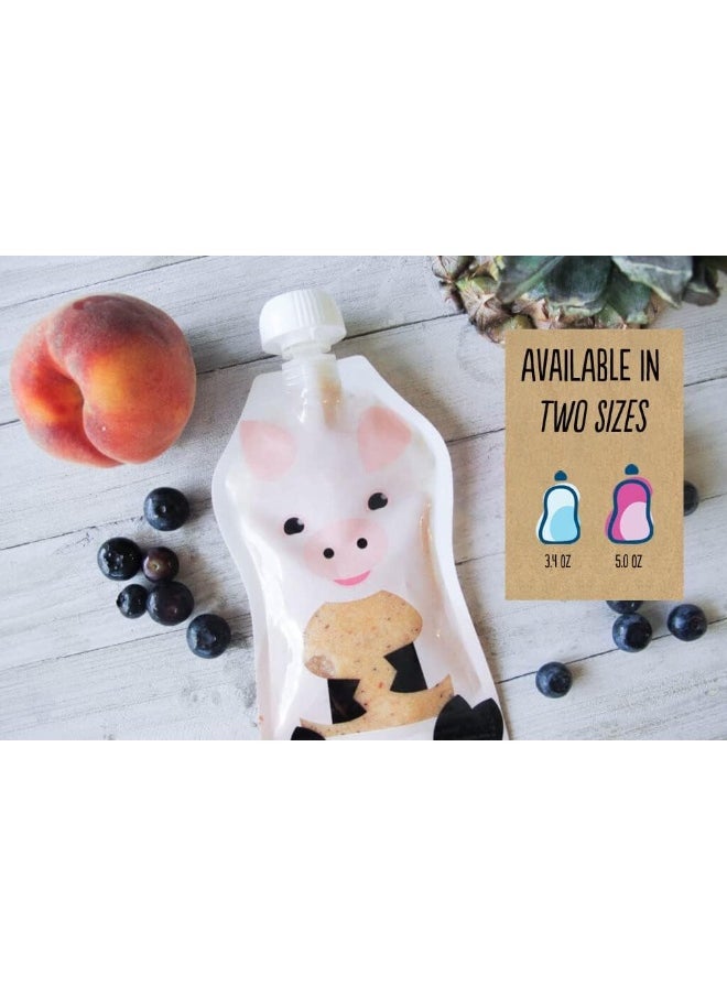 Squooshi Reusable Baby Food Pouches (6 Pack) Easy to Fill Freezer & Dishwasher Safe Squeezable Pouches with Cute Animal Designs for Babies and Kids, Small - 3.4 Oz Pouches