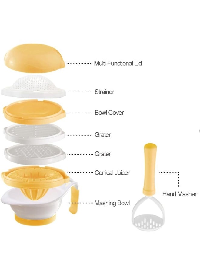Matyz Versatile Baby Food Maker Set - Toddler Food Mills with Mash Bowl, Hand Masher, Citrus Juicer, Grater - Making Homemade Baby Food - Fruits and Vegetables Masher - No BPA (Yellow)