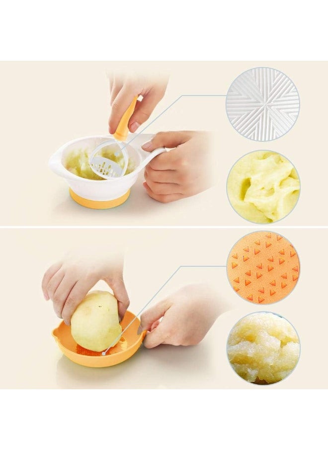 Matyz Versatile Baby Food Maker Set - Toddler Food Mills with Mash Bowl, Hand Masher, Citrus Juicer, Grater - Making Homemade Baby Food - Fruits and Vegetables Masher - No BPA (Yellow)