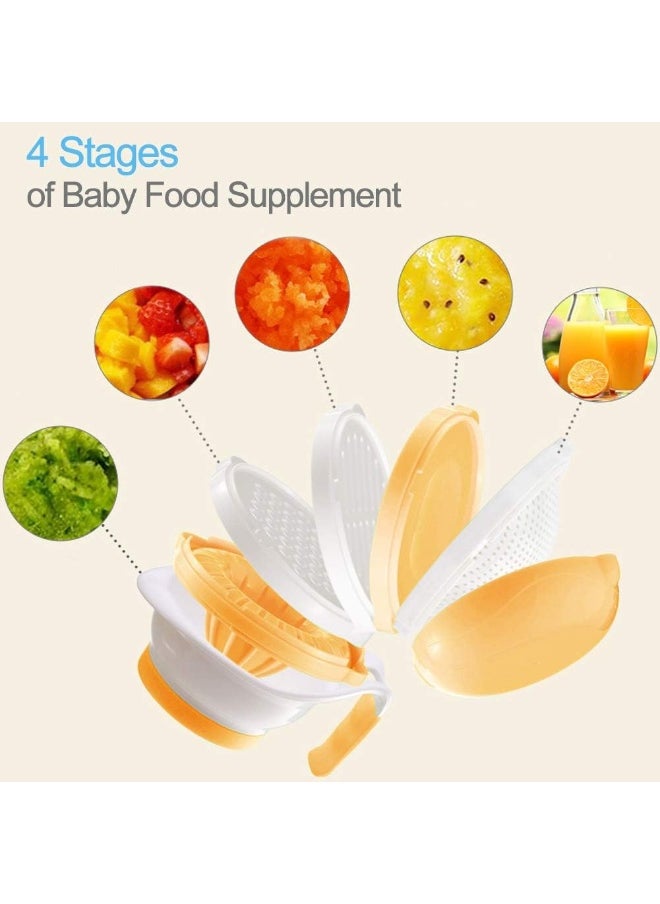Matyz Versatile Baby Food Maker Set - Toddler Food Mills with Mash Bowl, Hand Masher, Citrus Juicer, Grater - Making Homemade Baby Food - Fruits and Vegetables Masher - No BPA (Yellow)