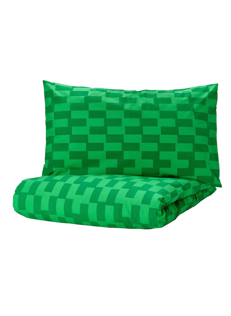 Duvet cover and pillowcase, green/patterned, 150x200/50x80 cm