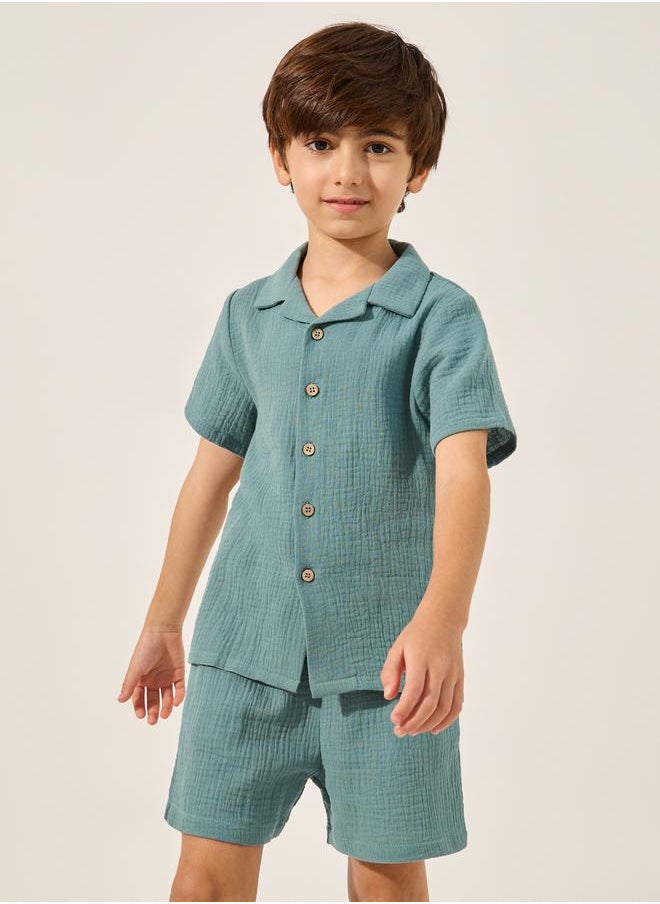Plain Crinkled Short Sleeve Shirt and Shorts Set