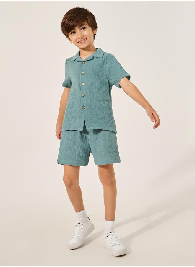 Plain Crinkled Short Sleeve Shirt and Shorts Set