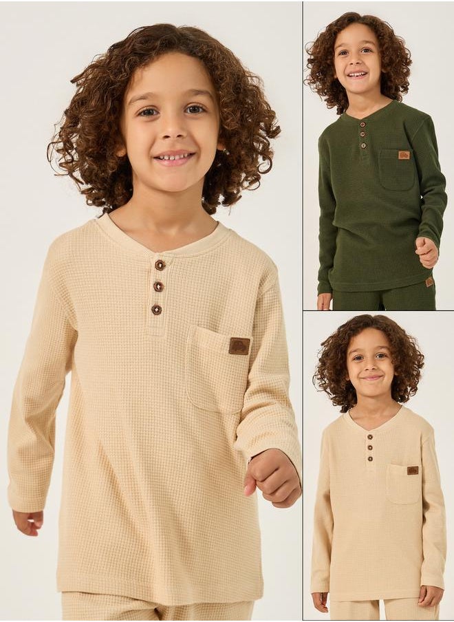 Pack of 2 - Waffle Knit Design Half-Button Front T-Shirt